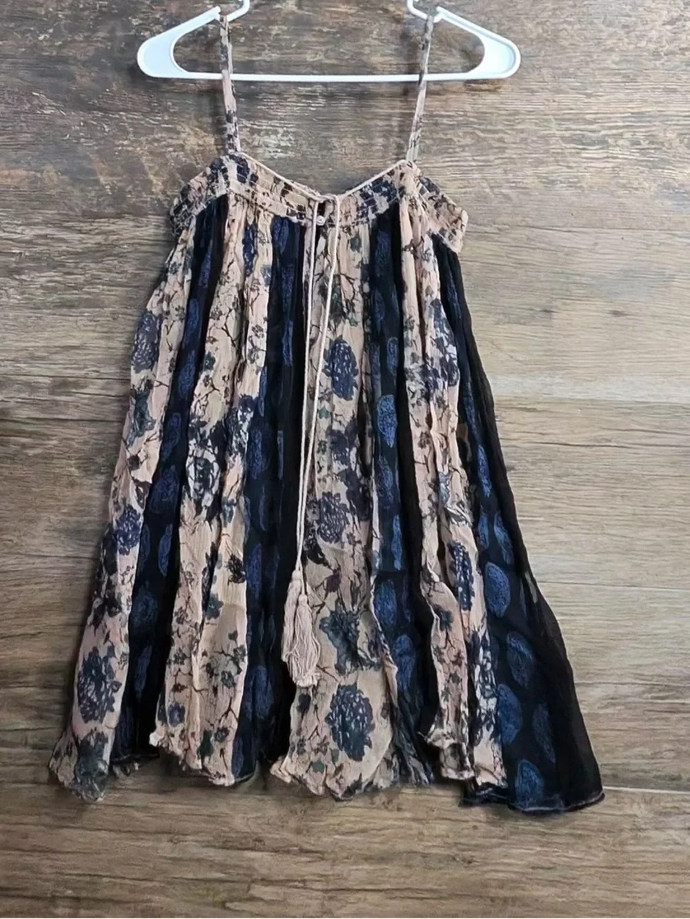 Free People Beige and Black Floral Tank with Tassel Tie